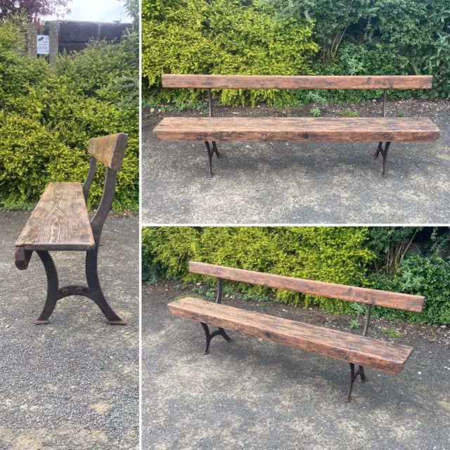 Vintage Antique Pitch Pine & Cast Iron Railway Bench Seat