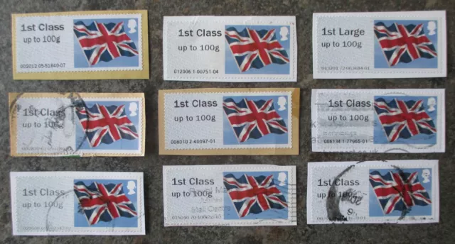 9 x used franked & unfranked GB 1st class Union flag post and go labels / stamps