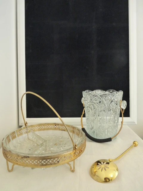 Seau à Glaçons Vintage - Verre Et Métal Doré Avec Cuillère - Comme Neuf