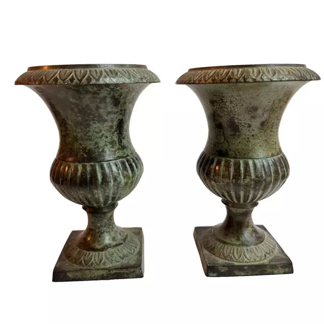 Vtg Urn Planters Verdigris Metal Neoclassical 2 Pedestal Vases Green Small 6.5"