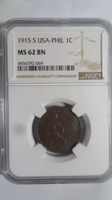 Philippines USA 1 Centavo, 1915 S, NGC MS 62 BN