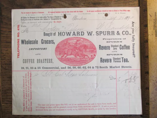 Antique Ephemera Document 1892 Billhead Boston Howard Spurr Revere Coffee Tea
