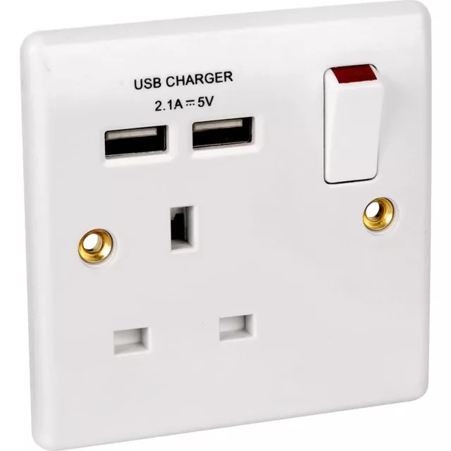 Single 1 Gang Wall Socket 13A With Twin USB Charger Port Plug Switched Socket