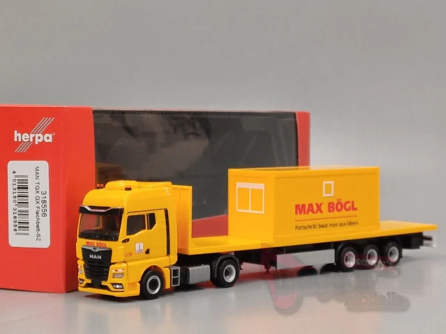 Herpa 318556 MAN TGX GX Con Semirimorchio Pianale E Contenitore Ufficio Max Bögl, Scala 1:87, Modellismo Ferroviario