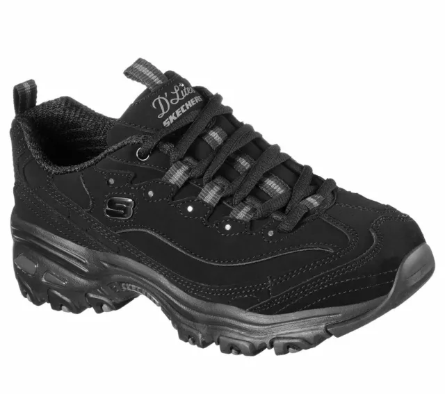 Skechers Dlites Black Wide Fit Shoe Women Sport Casual Comfort Memory Foam 11949