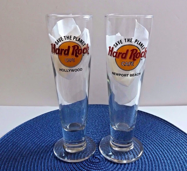 Hard Rock Cafe Footed Pilsner Beer Glasses Newport Beach Hollywood Lot of 2