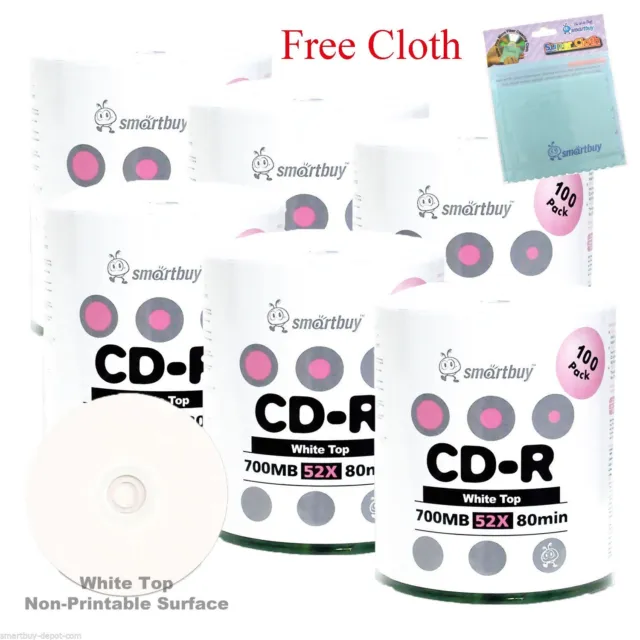 600-Pack SmartBuy CD-R 52X 700MB White Top Record Disc + FREE Micro Fiber Cloth