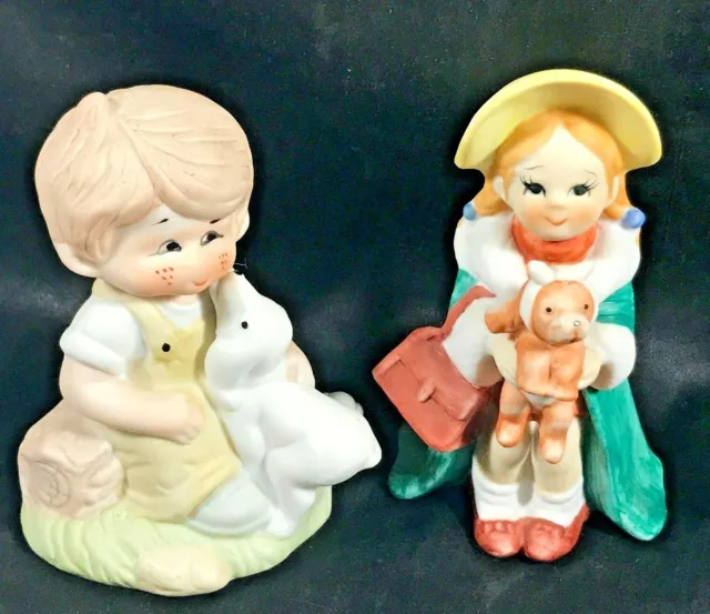 Vintage Pair Ceramic Boy and Girl Puppy Figurines