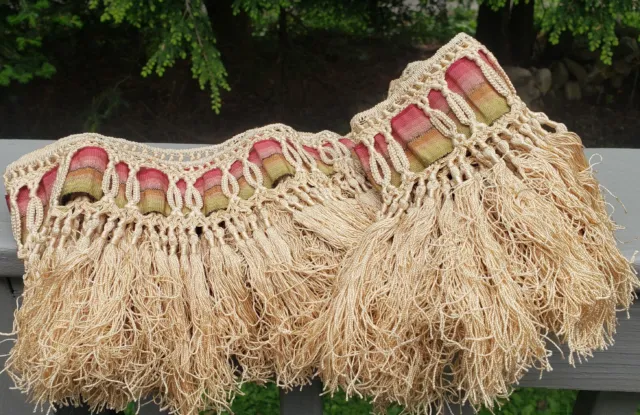 Antique Handmade 1800s Victorian Lace W/ Ribbon Dress Trim 7"×  2 Yd Lamp Fringe