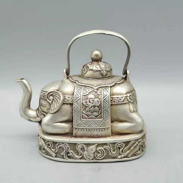 Big Tea pot Collectible Decorate Old Handwork Tibet Silver Carve Flower Elephant 2