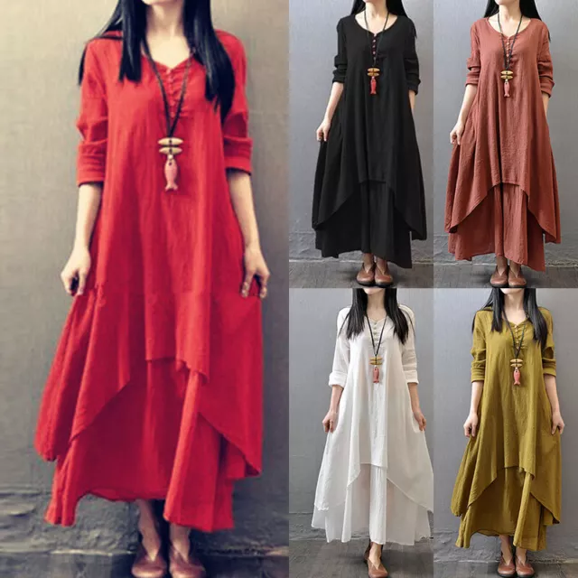 Sundress Dress Long Sleeve Dress Boho Cotton Linen Dress Maxi Dress Fashion 2