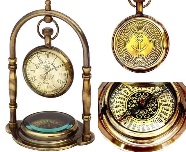 Hecho a mano Grabado de latón Victoria London Reloj de mesa con base de brújula Mejor regalo