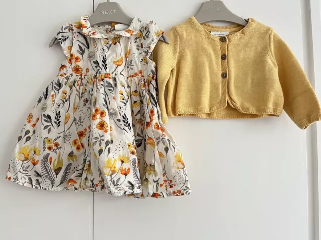 Baby Girls NEXT 0-3 Months Dress Outfit Floral Yellow With Cardigan GC