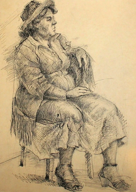 Paire De Dessins Anciens à L'encre - Thème 'Femme Au Jardin' - Style Cubisme Et Nature Morte