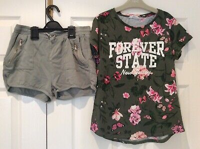 H&M girls shorts and t-shirt set Size 13-14 Years Khaki Floral Summer Bundle