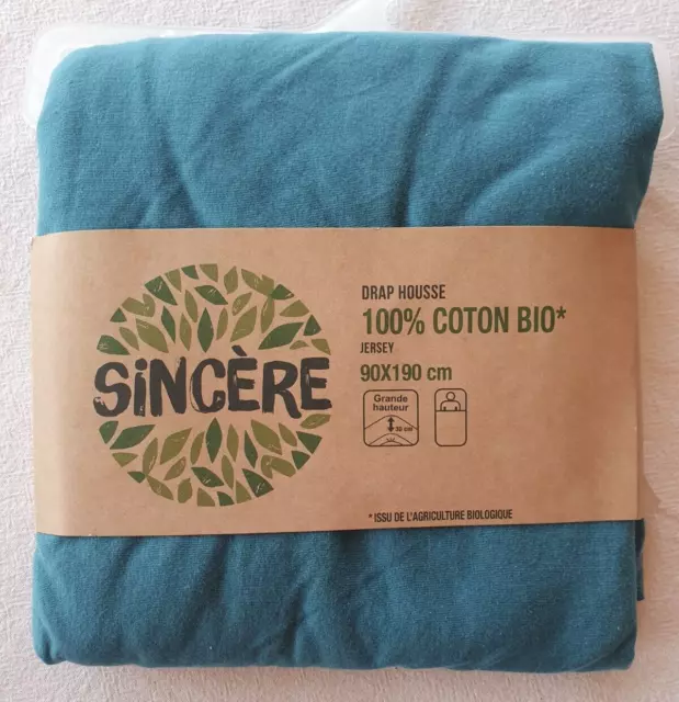 Drap housse bleu neuf 90x190 cm en coton bio jersey Sincère