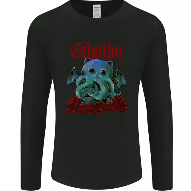 T-shirt a maniche lunghe Cathulhu Funny Cat Cthulhu parodia Kraken da uomo