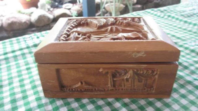 Vintage Hand Carved  timber Trinket Jewellery Box  carved Asian scene