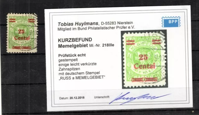 Memel 218IIIe GUTER TYPE,deutscher Stempel gest. BPP BEFUND ca 90EUR (B6805