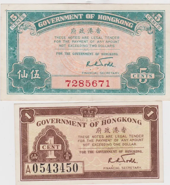 Two Hong Kong One Cent & Five Cent 1941 Banknotes In Near Mint Condition.