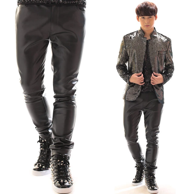 Uomo Lucido Effetto Bagnato Simil Pelle Pantaloni Festa Dance Showman Costume
