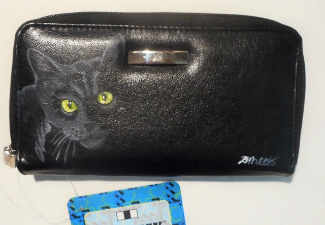 Black Cat Portrait Painted Wallet for Women Vegan Leather Minimalist