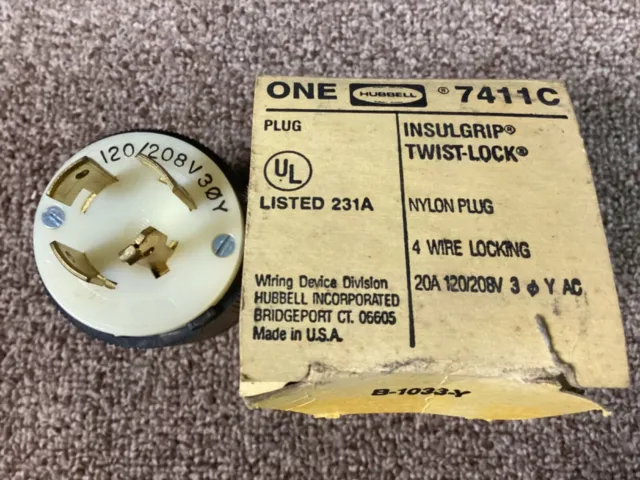 Hubbell 7411C Twist-Lock Plug 20 Amp 120/208 Volt 3PH, 4 Wire-NIB