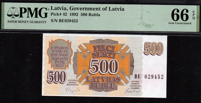 500 rubli rubles 1992 Latvia P-42a Gem UNC PMG 66 EPQ