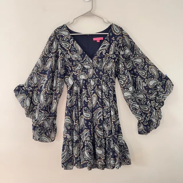 Betsey Johnson Navy Blue Paisley Bell Sleeve Boho Bambi Dress Size 8