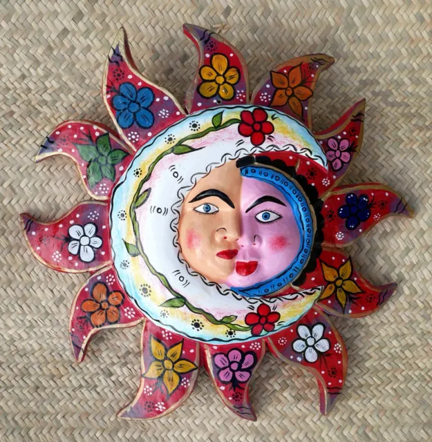 Sun Moon Face Wood sculpture Mask Handmade Hand Carved Guerrero Mexican Folk Art