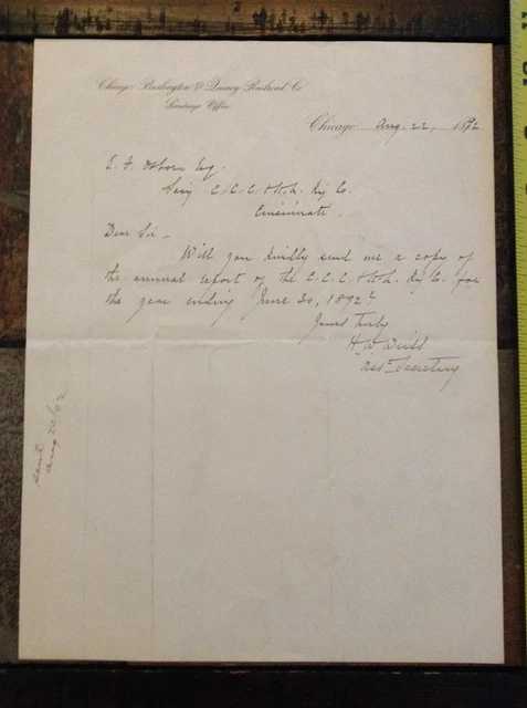 1892 signed Chicago Burlington & Quincy Railroad Company Co Document