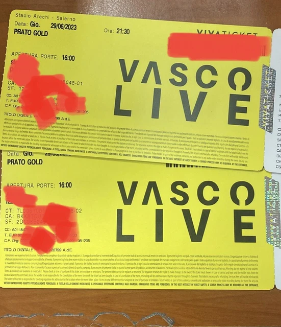 Biglietti 2 Prato Gold Vasco Rossi 29 Giugno 2023 Salerno