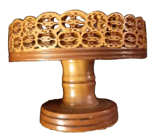 Vintage Primative WALNUT SLICE Bowl Folk Art Wood Pedestal Nut Cracker Bowl 1960
