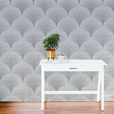 Gloss White Gray faux Fish Scale mosaic tiles wallcoverings textured Wallpaper