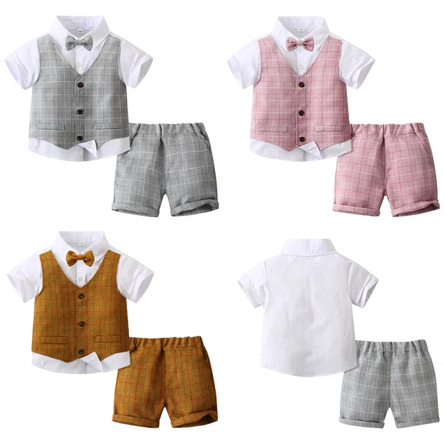 Baby Toddler Boys Gentleman Suit Plaid Dress Shirt Vest Pants Wedding Outfit