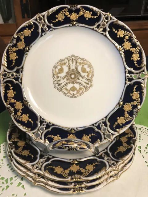 Aynsley China Cobalt Blue & Gold Plates 9" Ornate Reticulated Set of 4 Gorgeous