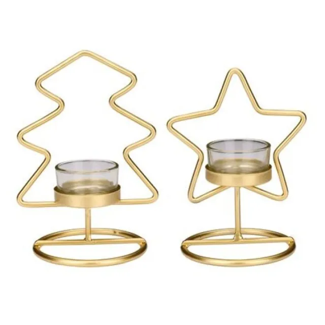 Christmas Tea Light Holders Set of 2 Gold Metal Star Tree Candle Holder Decor