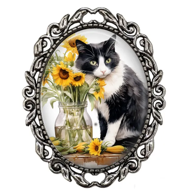 Black White Tuxedo Kitty Cat Brooch Sunflowers Tuxie Mom Cat Lover Artisan Gift