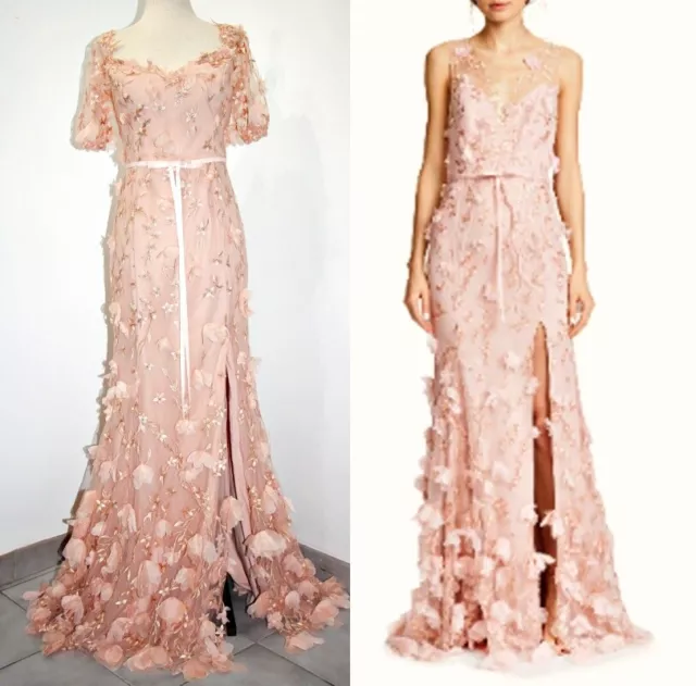 Marchesa Notte 3DFlowers Embroidered Front Slit ShortSleeve Mermaid Gown 8 $1095