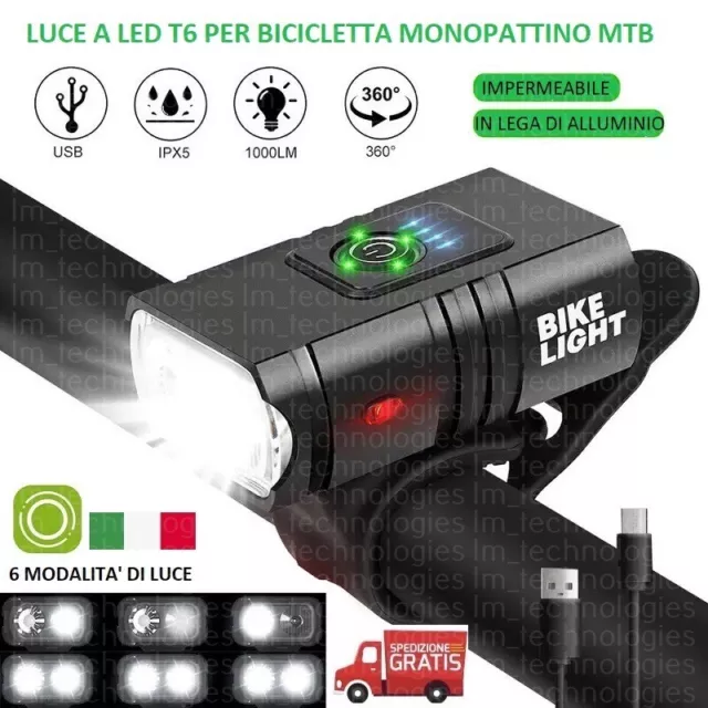 Faretto a LED Fanale Torcia Luce LED Bici Monopattino MTB Alluminio 1000 LUMEN