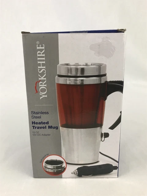 Yorkshire Stainless Steel Heated Travel Mug 13 oz 12V DC Adapter Spill Proof New