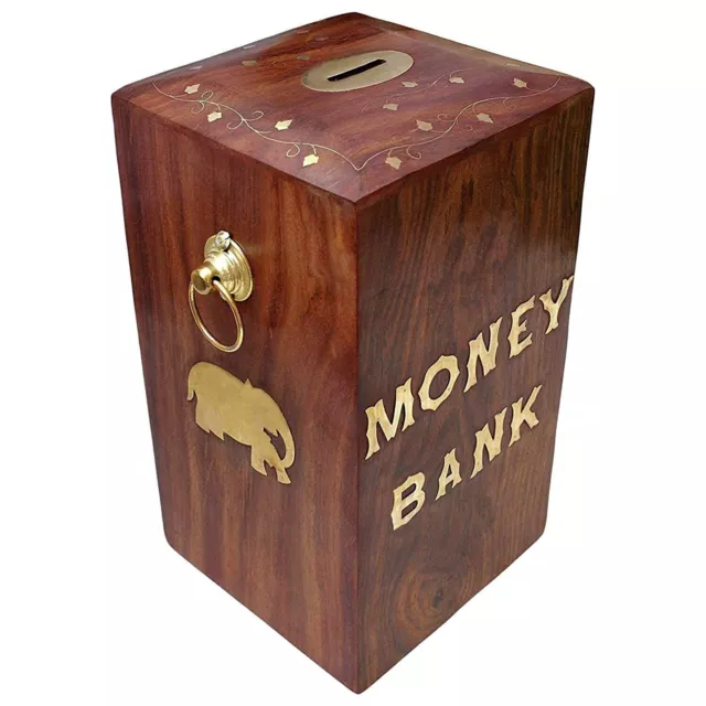 Handmade Wooden Money Coin Saving Box Piggy Bank For Kids and Adults 8 x 5 inch