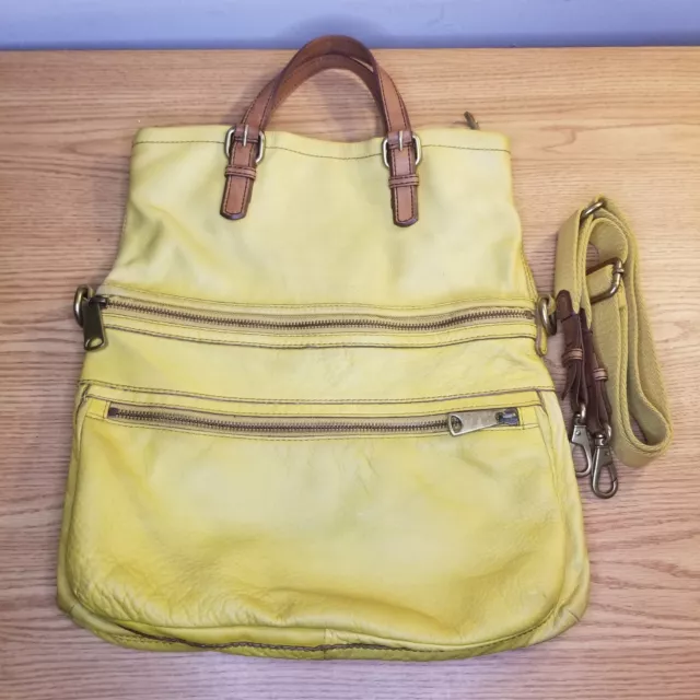 Fossil Bag Explorer Yellow Leather Fold Over Messenger Tote Crossbody Vintage