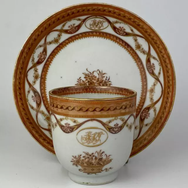 c1780 Antique Late 18thc Qianlong Chinese Tea Cup & Saucer Monogram Gold Gilt