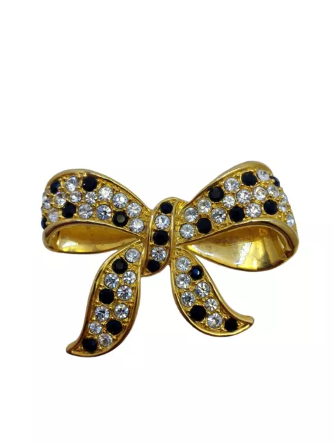 Vintage Ribbon Bow Brooch Pin White Brown Rhinestone Gold Tone