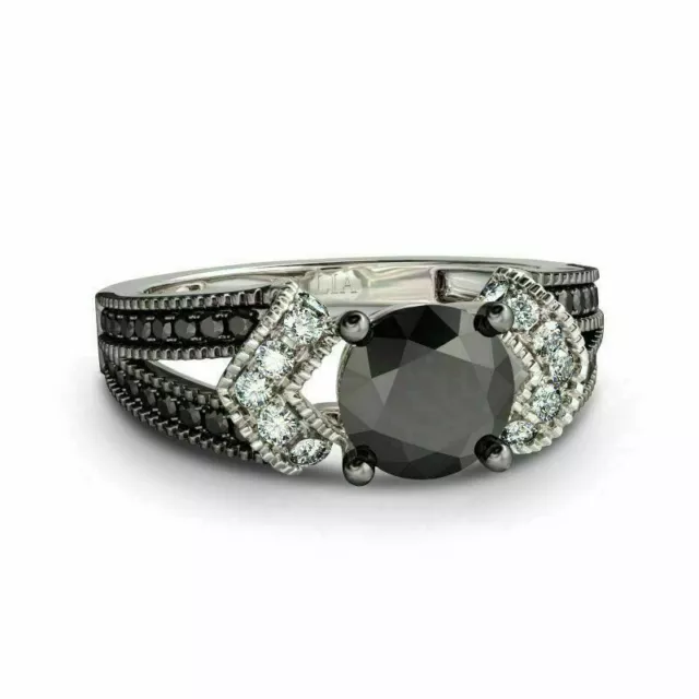 1.50 Ct Round Cut Black Simulé Diamond Split Shank Ring 14K White Gold Over