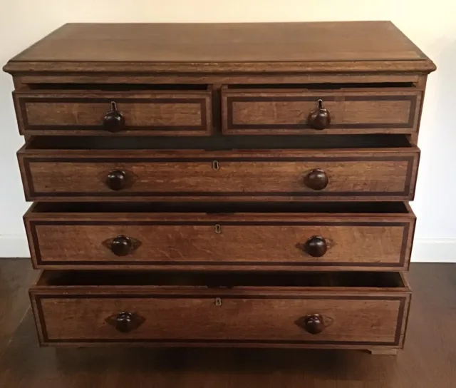 Antique, Solid Oak, Graduated 5Drawer Chest, With Inlaid Bands To Top & Drawers
