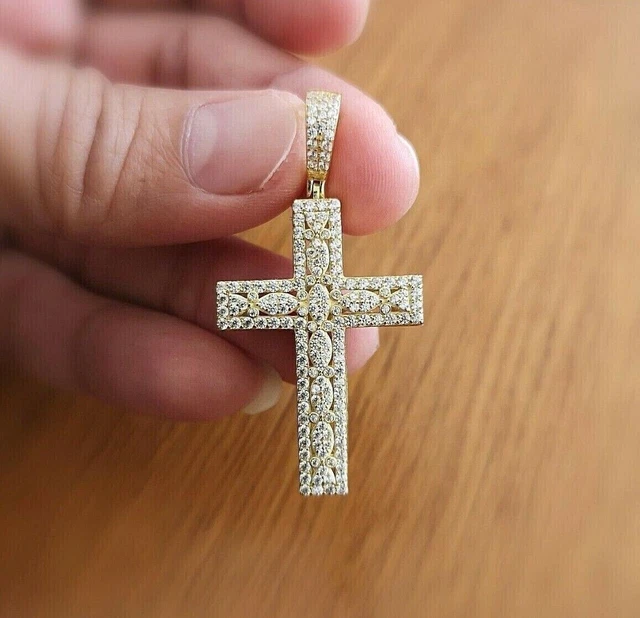 2Ct Round Cut Created Men's Cross Charm Pendant 14k Yellow Gold Plated Silver