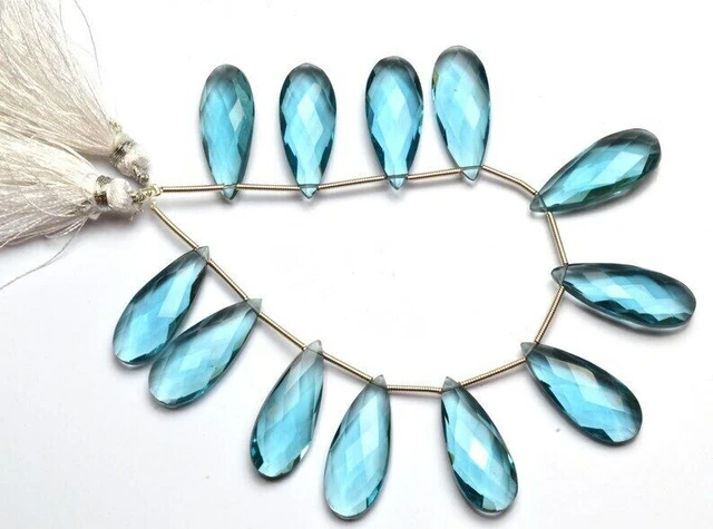 10 Pcs Set Hydro Swiss Blue Quartz Checker Faceted Briolette Beads Pears 20x8MM