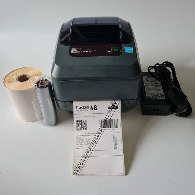 ZEBRA GK420T Thermal Transfer Label Printer w/ Ribbon Labels PSU USB